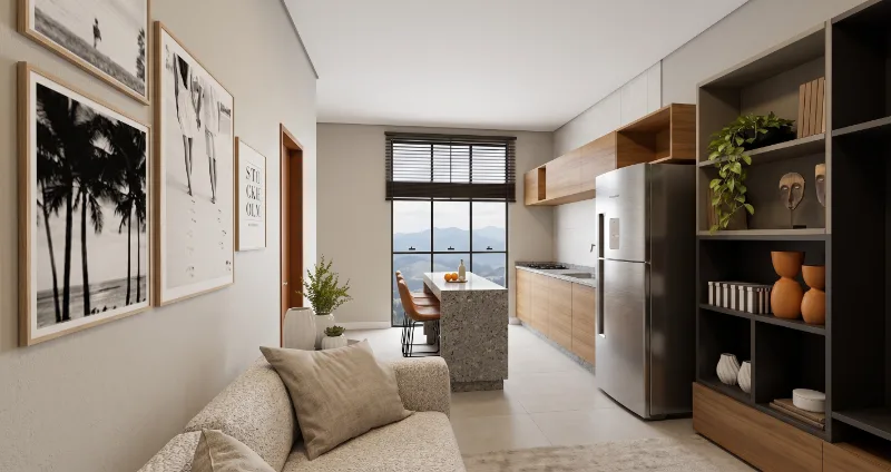 Living integrado à cozinha do apartamento tipo, com ilha de granito e janela para as montanhas