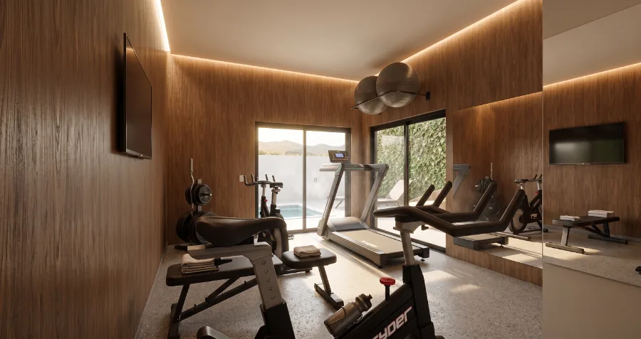 Academia com esteira, bikes de spinning, halteres e porta de vidro aberta para a piscina