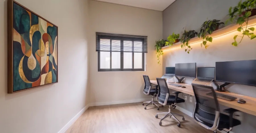 Espaço de coworking com bancada compartilhada, monitores e cadeiras ergonômicas